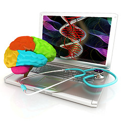 Image showing Laptop, brain and Stethoscope. 3d illustration