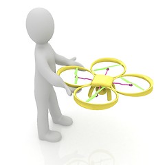 Image showing 3d man with drone, quadrocopter, with photo camera. 3d render. 3