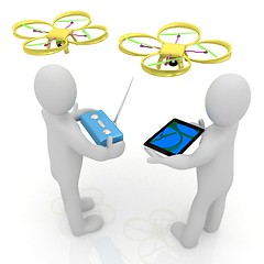 Image showing 3d white people. Man flying a white drone with camera. 3D render