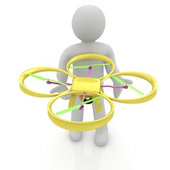 Image showing 3d man with drone, quadrocopter, with photo camera. 3d render. 3