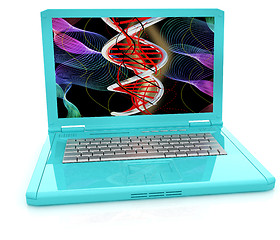 Image showing Laptop with dna medical model background on laptop screen. 3d il