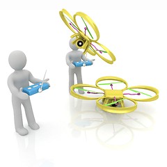 Image showing 3d man with drone, quadrocopter, with photo camera. 3d render. 3