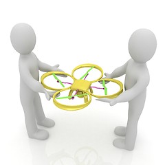 Image showing 3d man with drone, quadrocopter, with photo camera. 3d render. 3