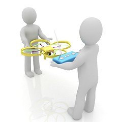 Image showing 3d man with drone, quadrocopter, with photo camera. 3d render. 3