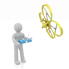 Image showing 3d man with drone, quadrocopter, with photo camera. 3d render. 3