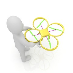 Image showing 3d man with drone, quadrocopter, with photo camera. 3d render. 3