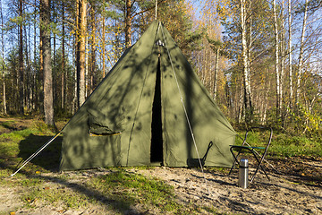 Image showing Oldschool tent in forest camp