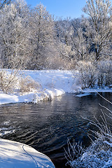 Image showing Winter sunny landscape with river and forest