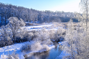 Image showing Winter sunny landscape with river and forest