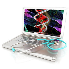 Image showing silver laptop diagnosis with stethoscope. 3D illustration