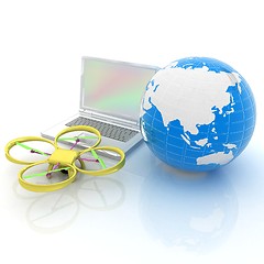 Image showing Drone or quadrocopter with camera with laptop. Network, online, 