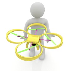 Image showing 3d man with drone, quadrocopter, with photo camera. 3d render. 3