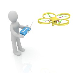 Image showing 3d man with drone, quadrocopter, with photo camera. 3d render. 3