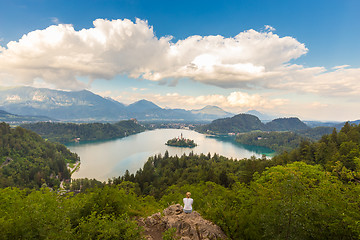 Image showing Woman enjoying panoramic view of Lake Bled, Slovenia.