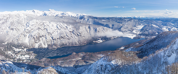 Image showing View of the Lake Bohinj and the surrounding mountains in winter.