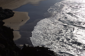 Image showing Silhouette of man and dog having fun on seaside.