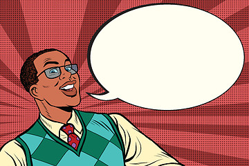 Image showing Intelligent African with glasses says comic bubble