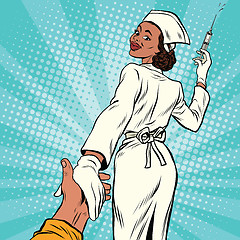 Image showing Follow me nurse with medical syringe for injection