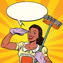 Image showing Beautiful woman cleaner with brush for floors