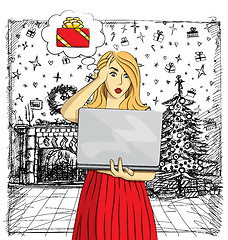 Image showing Vector woman buy Christmas gifts online