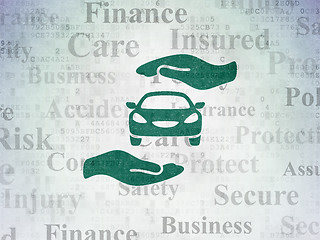 Image showing Insurance concept: Car And Palm on Digital Data Paper background