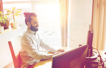 Image showing happy creative male office worker with computer