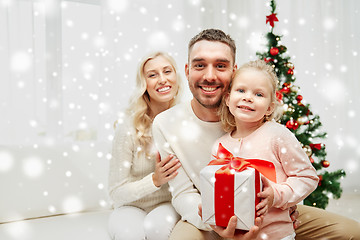 Image showing happy family at home with christmas gift box