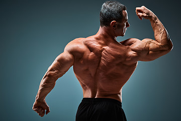 Image showing torso of attractive male body builder on gray background.