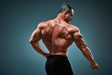 Image showing torso of attractive male body builder on gray background.