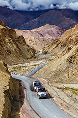 Image showing Indian lorry trucks on highway in Himalayas. Ladakh, India