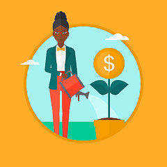 Image showing Woman watering money flower vector illustration.