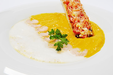 Image showing pumpkin cream soup with prawns