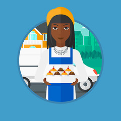 Image showing Baker delivering cakes vector illustration.