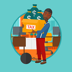 Image showing Chained man with bags full of taxes. 