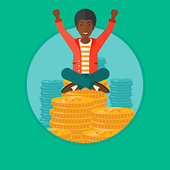 Image showing Happy businessman sitting on coins.