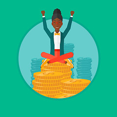 Image showing Happy business woman sitting on coins.