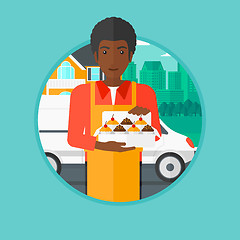 Image showing Baker delivering cakes vector illustration.