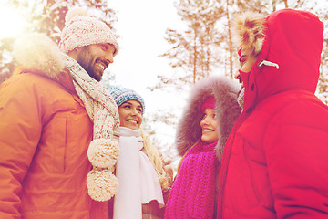 Image showing group of smiling men and women in winter forest