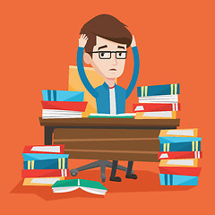 Image showing Student sitting at the table with piles of books.