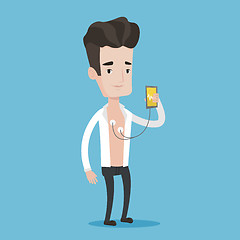 Image showing Man measuring heart rate pulse with smartphone.