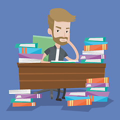 Image showing Student sitting at the table with piles of books.