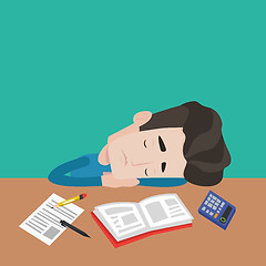 Image showing Male student sleeping at the desk with book.