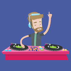 Image showing DJ mixing music on turntables vector illustration.