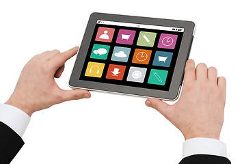 Image showing close up of hands holding tablet pc with app icons