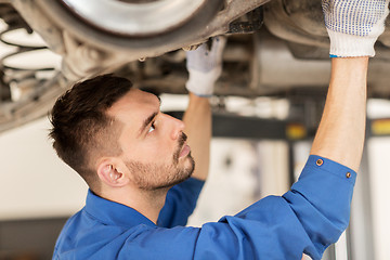 Image showing mechanic man or smith repairing car at workshop