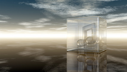 Image showing music note in glass cube under cloudy sky - 3d rendering