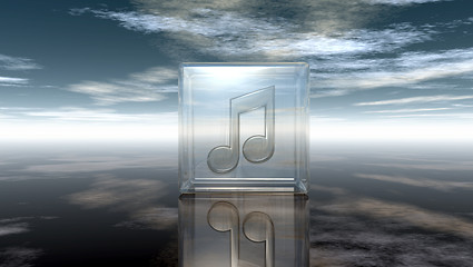 Image showing music note in glass cube under cloudy sky - 3d rendering