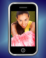 Image showing Smiling Cheerleader Picture On Mobile Phone