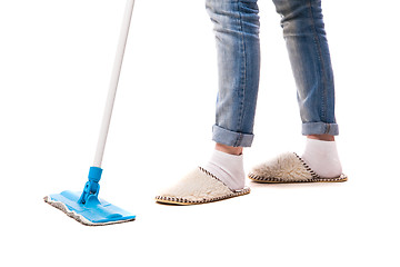 Image showing Cleaning floor with mop.