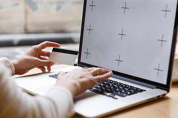 Image showing Woman holding credit card and typing